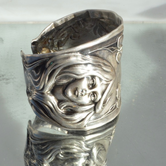 Antique Art Nouveau Lady Face Sterling Bracelet - Picture 2 of 7